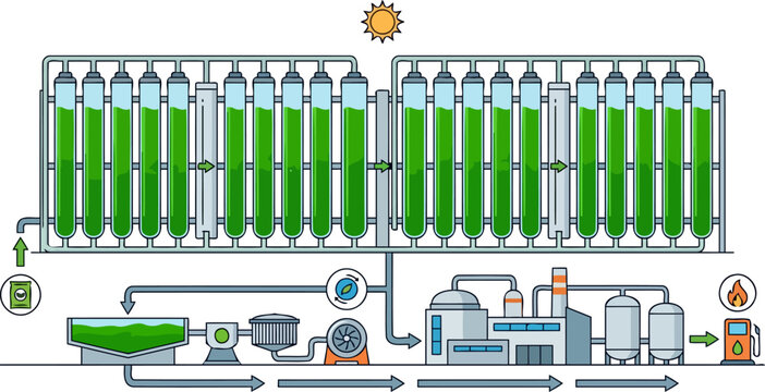 Sustainable algae biofuel production process infographic diagram illustration