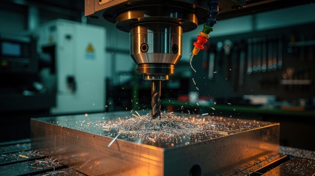 A CNC milling machine cuts metal, producing sparks and metal shavings in a high-precision industrial workshop setting.