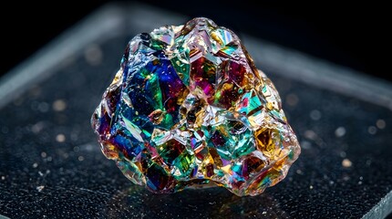 Naklejka premium Vibrant iridescent gemstone featuring sharp geometric facets and deep spectrum colors isolated on transparent background