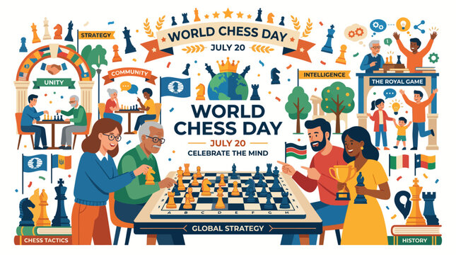 Vibrant vector illustration of diverse people celebrating World Chess Day with global strategic board games