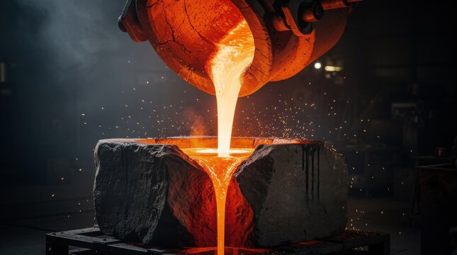 Molten metal is being poured from a crucible into a mold in an industrial foundry environment.