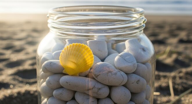 Clear Glass Jar With Yellow Shell and Pebbles
