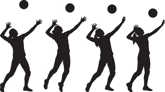 Volleyball players in silhouette reach upwards to hit a ball during a match in a professional indoor court setting for summer games.