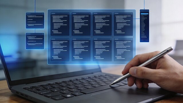 Close up of programmer hand using stylus pen on laptop touchpad with holographic interface displaying code blocks, software development and coding concept.