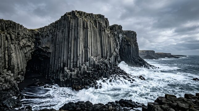 Majestic basalt columns rise with sharp geometric textures from the coastal cliffs on transparent background