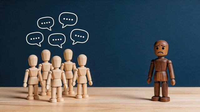 Sad lonely wooden mannequin standing apart from group, feeling excluded and isolated, social rejection concept, depression and mental health awareness illustration.