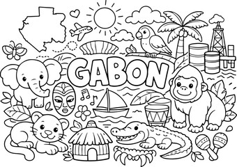 Fototapeta premium gabon cartoon outline hand drawn Line Art illustration doodle art coloring page for kids