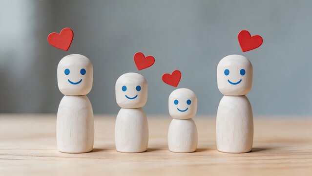 Wooden figures of a family with red hearts above their heads symbolizing love and happiness together