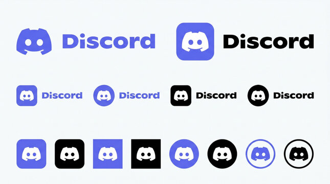 Discord social media logo icons set. New updated Discord brand identity kit with wordmark, mascot Clyde logo in blurple blue, black and white colors. Square and circular app icons for mobile web.