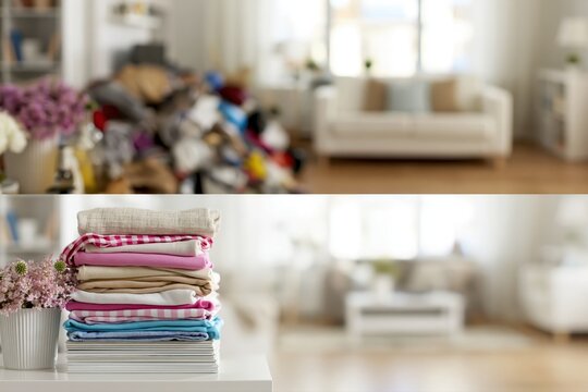 Split image showing a messy room contrasted with a neatly folded stack of clothes and flowers.