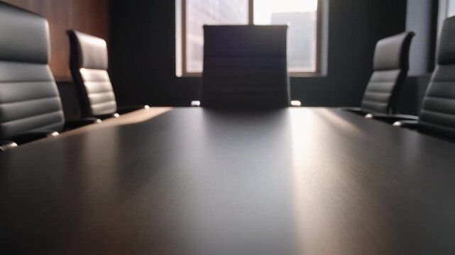 Empty modern office conference room with black table and chairs. Professional meeting space with large window and city view. Corporate boardroom interior.