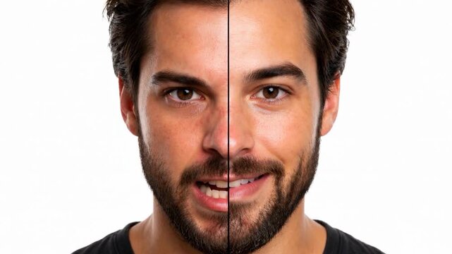 A man split-face portrait shows emotional contrast.

