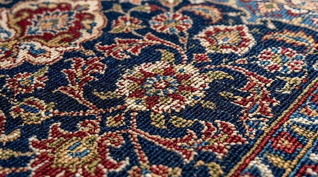 Intricate blue oriental rug featuring detailed floral patterns woven with vibrant silk threads on transparent background