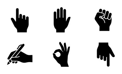 Obraz premium Set of 6 Black Hand Gestures Icons, Vector Symbols for Interaction, Communication, and Action