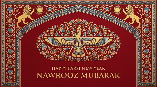 Happy Parsi New Year Nowrooz Mubarak with Faravahar symbol and traditional Persian design