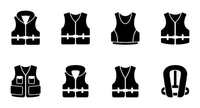 Life Vest Icons Set, Safety Gear Vector Collection, Buoyancy Aid Illustrations, Water Sports Equipment Graphics