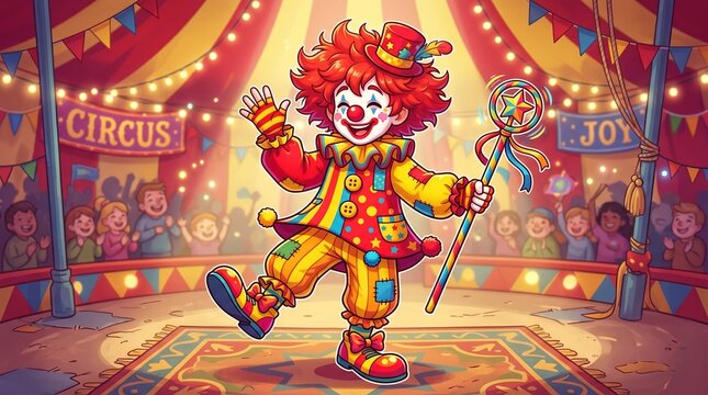 A colorful clown performing in circus.