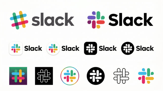 Slack logo icons set and brand identity collection. New and old Slack app logotype with icon variations. Business communication platform UI mockup for mobile and desktop software interface design.