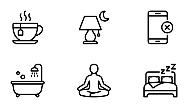 Relaxation Icons Set: Tea, Bath, Sleep, Meditation, Phone Off, Night Lamp, Calm Lifestyle Vector