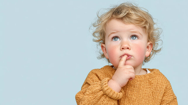 a curly-haired toddler wearing a mustard yellow sweater, looking upward with a thoughtful expression while touching their lip, set against a soft blue backdrop.