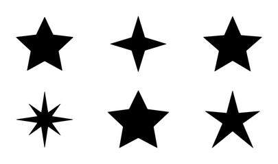 Obraz premium Six Black Star Icons, Simple Geometric Shapes, Vector Graphics for Design Elements, Celebration and Award Symbols