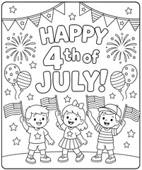 Fototapeta premium Happy 4th of July patriotic coloring page with children and flags