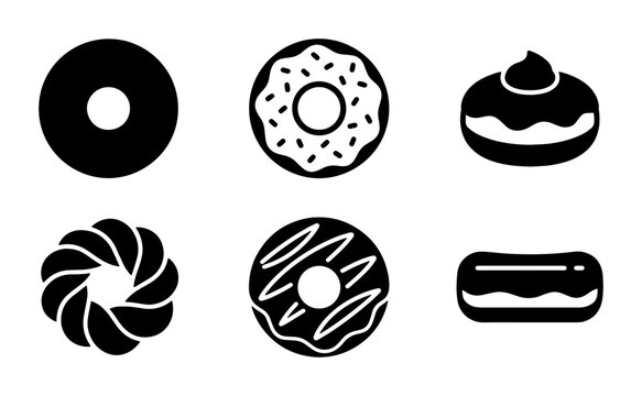 Six Black and White Donut Icons, Sweet Pastry Vector Set, Bakery Dessert Graphics, Food Illustration Collection