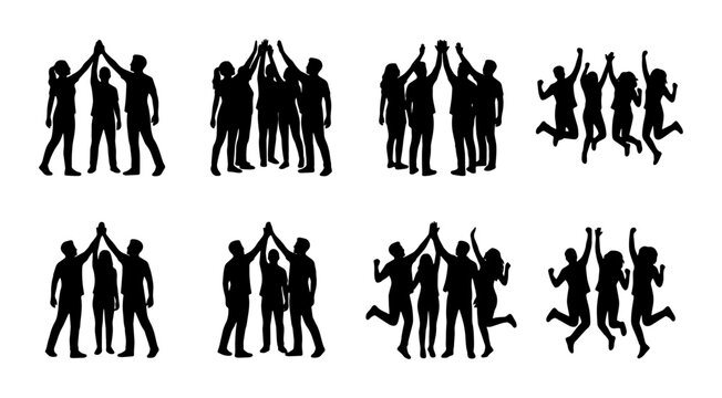 Teamwork High Five Silhouettes, Group Celebration Vector Icons, Unity and Success Graphics, Diverse People Collaboration