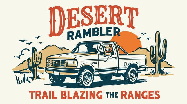 Desert rambler. Mountain adventure vintage print design for t shirt. Trail blazing the ranges. Off road truck graphic print.