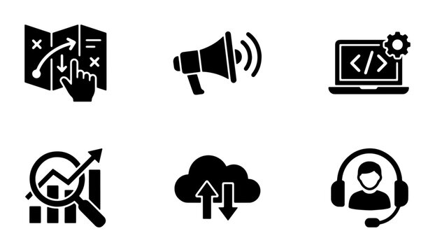Digital Marketing Strategy Icons: SEO, Analytics, Cloud, Support, Megaphone, Coding