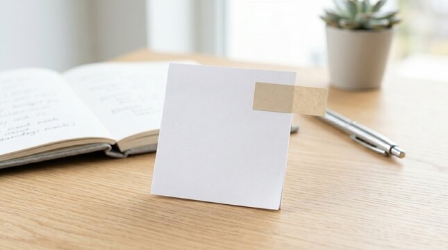 A blank notecard on a wooden desk with an open book and pen.