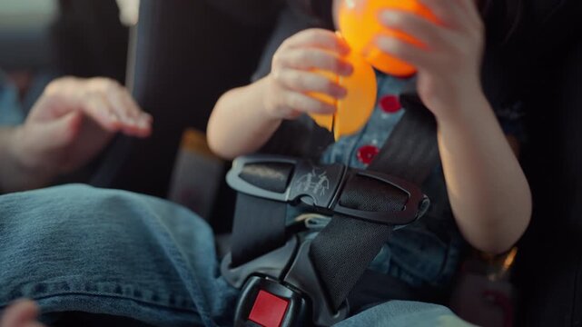 Close up of a mother's hand fastening a safety seat belt for her Southeast Asian toddler girl in a car seat. A parent ensuring child protection and road safety during a family trip.