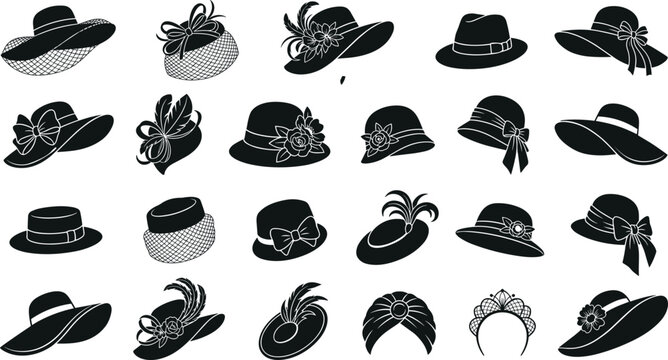 Vintage and Modern Women Hat Silhouette Icon Set Featuring Elegant Fascinators, Pillbox Hats, Fedoras, and Royal Tiaras for Fashion and Event Design