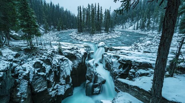 Sunwapta falls landscape at wintertime with frozen river and evergreen forest.