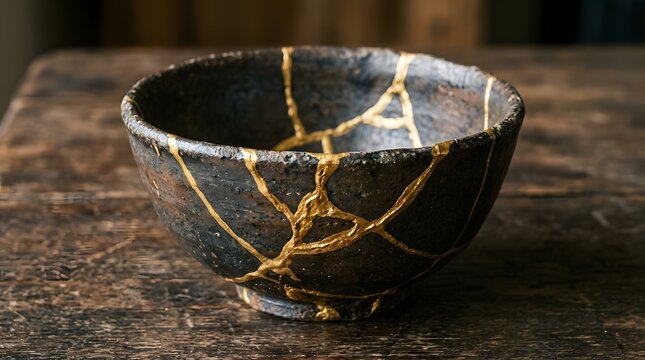 Handmade rustic ceramic bowl featuring intricate golden kintsugi repair details displayed on transparent background