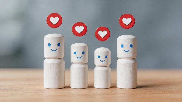 Wooden figures with red hearts above heads, representing social media likes, approval, and popularity. Minimalist concept of community support, positive feedback, and digital