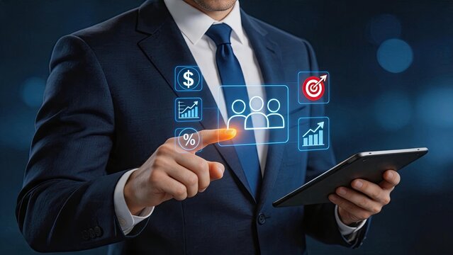 Businessman touching virtual team icon on holographic display, holding tablet, human resources concept, management leadership, recruitment strategy, corporate teamwork symbol,