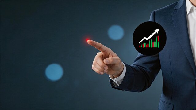 Close-up of a businessman pointing at a rising stock market chart icon, symbolizing financial success and economic upturn.