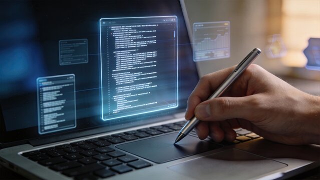 Futuristic holographic coding interface on laptop screen, developer hand using stylus pen, augmented reality programming concept, software development, digital innovation, tech