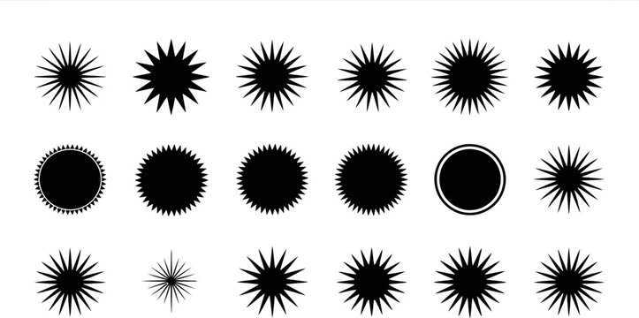 Assortment of black starburst and circular shapes on white background graphic