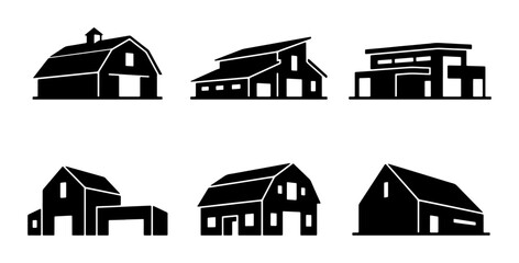 Farm Barn Silhouettes, Agricultural Building Icons, Rural Structure Vector Graphics, Countryside Architecture Collection © Sanjida