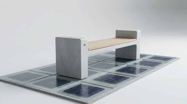 A modern solar powered bench with a wooden seat and sleek gray metal frame sits atop a grid of photovoltaic solar panels on a white surface with a gray gradient background.