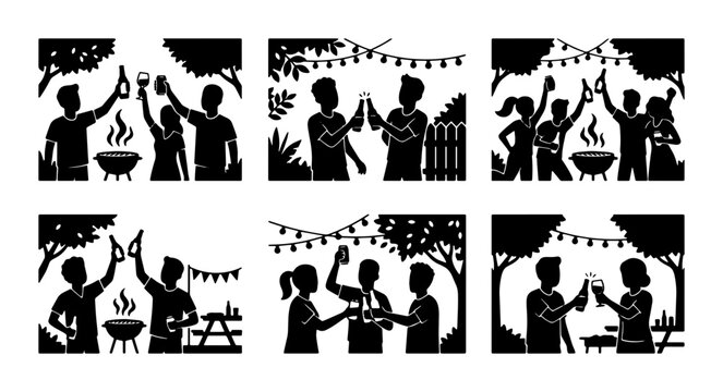 Outdoor Summer BBQ Party Silhouettes, Friends Toasting Drinks, Festive String Lights, Vector Graphics Set