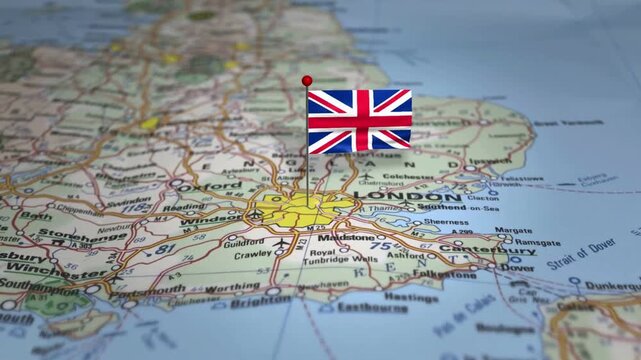 United Kingdom flag pin marked on an animated 3D map of Europe