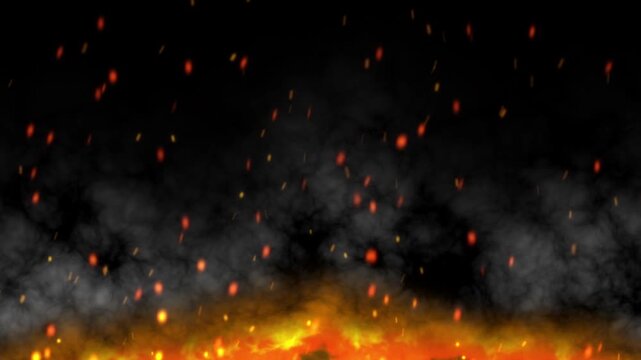 Abstract of fire flame overlay with sparks and heavy black smoke clouds on dark background perfect for profesional video production.