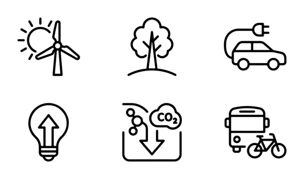 Eco-friendly Icons Set: Renewable Energy, Electric Car, Tree, Lightbulb, CO2 Reduction, Public Transport, Sustainable Lifestyle