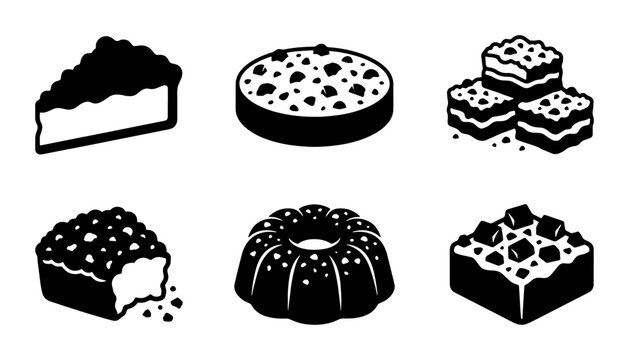 Sweet Desserts Vector Icons: Cake Slice, Round Cake, Brownies, Bundt Cake, Pastries, Baked Goods Collection