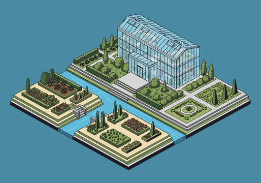 Isometric illustration of a greenhouse and botanical garden with canals and bridges.