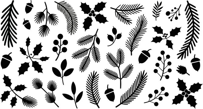 Black Silhouette Christmas Botanical Elements and Acorns Collection holly berries