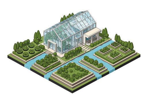 Modern greenhouse structure with surrounding gardens and water channels, isometric view.